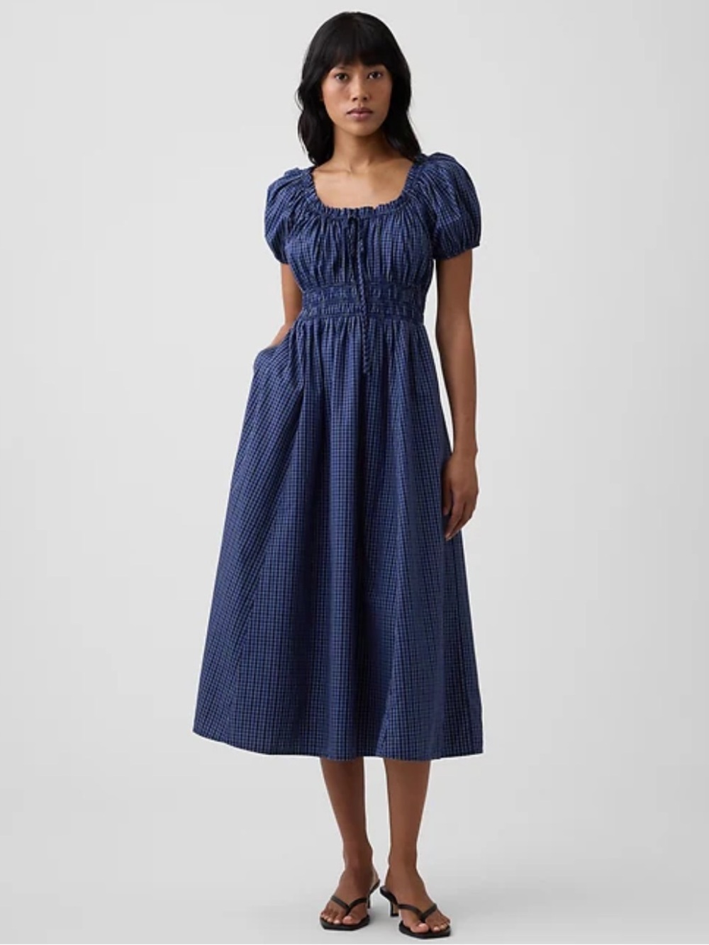 GAP Women’s Multi Blue Plaid Midi Dress With Puff Sleeves Smocked Waist Small S